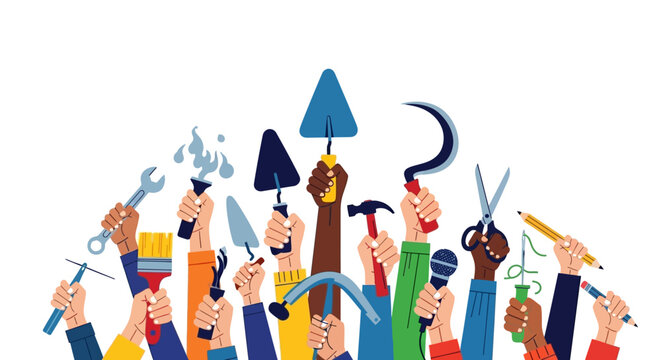 Vector illustration of diverse people celebrating International Workers' Day, raising various profession tools like a hammer, paintbrush, and wrench against a clean white background