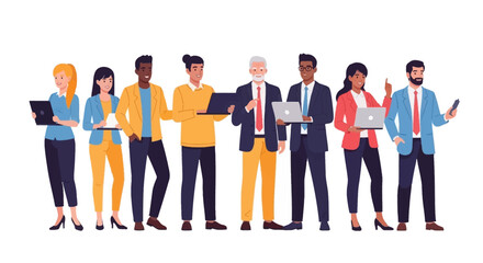Fototapeta premium Vector illustration of diverse professional characters standing together with laptops and phones, celebrating International Workers' Day with a positive mood against a clean white
