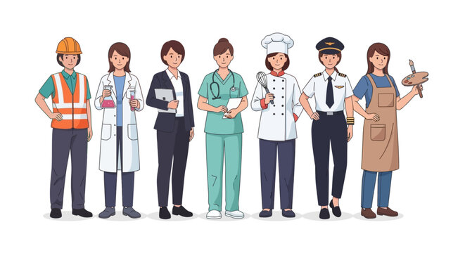Line of diverse workers representing various professions standing together for International Workers' Day, a flat vector illustration in a bright, cheerful style against a clean white