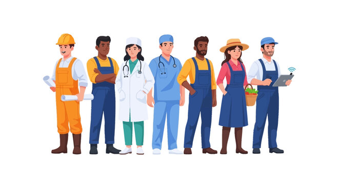 A diverse group of workers, depicted in a vector illustration, stand together representing various professions, embodying the spirit of International Labour Day and worldwide labor