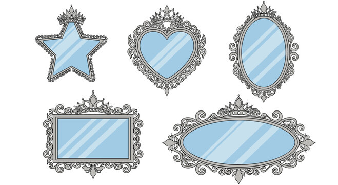 Collection of ornate silver mirrors in various fancy shapes including a star and a heart with detailed vintage frames for room decoration.