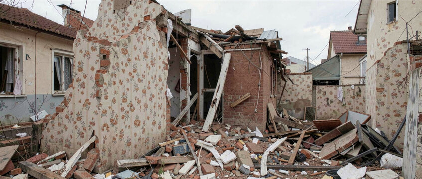 A abandoned building being demolished with piles of rubble and debris