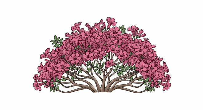 An illustration of a flowering azalea bush with pink blossoms and green leaves
