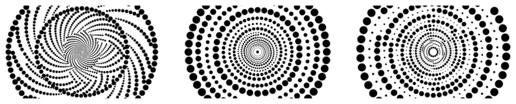 Spiraling halftone dot patterns with vortex and circular shapes in optical illusion style