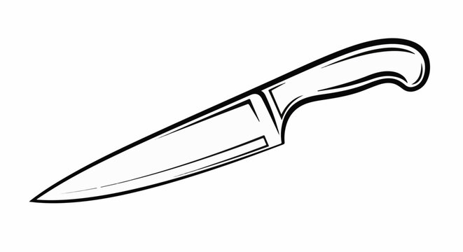Black line drawing of a sharp chef's knife with a curved handle