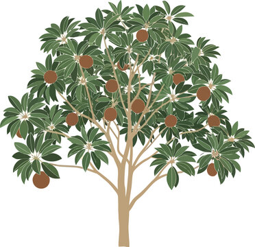Sapodilla tree with brown ripe fruits and dense green leaves, tropical