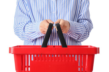 Fototapeta premium Woman with red shopping basket on white background