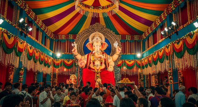 Celebration of Ganesh Chaturthi with people gathered around a large idol in a decorated hall during a festive event