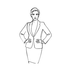 Dibujo minimalista con línea continua de una mujer profesional con chaqueta y falda, con las manos en las caderas © teracreonte