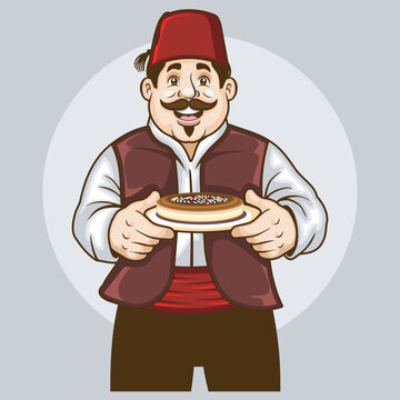 Traditional Turkish Man Serving Delicious Kunafe Cheese Dessert