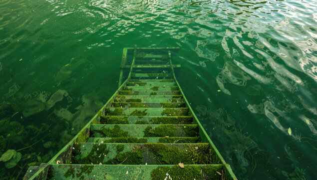 An old boat with moss and algae growing on its hull, in a quiet pond or lake