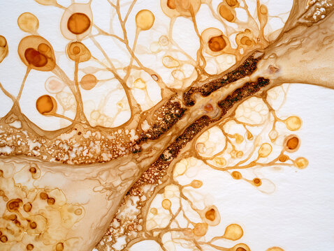 Human carotid body chemoreceptor anatomy illustration showing glomus cell clusters with branching vascular tree and fenestrated capillary network in warm amber gold tones on white background