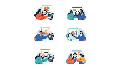Fototapeta premium Illustrations of people analyzing financial data, business reports, and market trends with calculators and magnifying glasses, representing accounting and strategic planning.