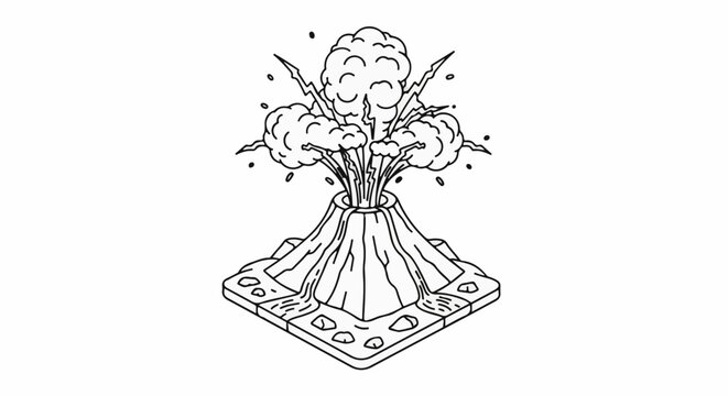 An isometric line drawing depicts a erupting volcano spewing smoke and lightning