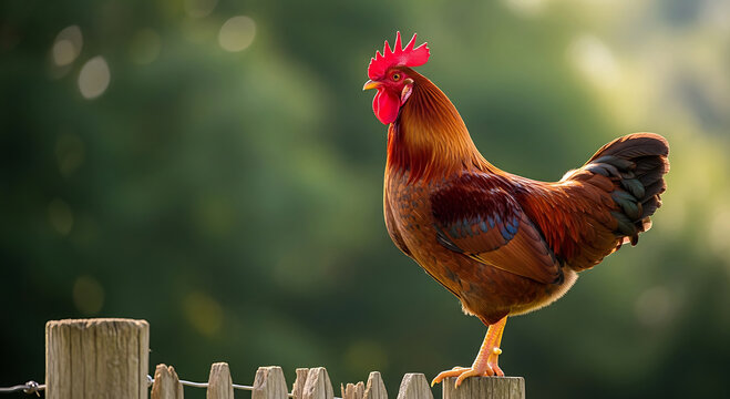 Rooster with bright red comb standing on wooden fence post green background chicken bird fowl poultry