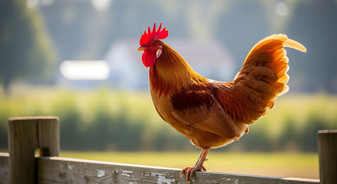 Rooster with red comb perched on wooden fence in sunny farm setting chicken bird fowl poultry