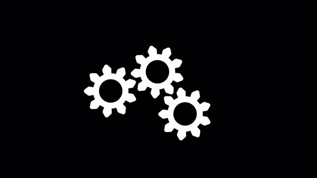 Three White Mechanical Gear Cogwheel Icons Rotating on Black Background for Industrial and Teamwork Concepts 4k video