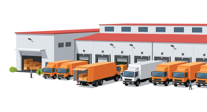 A warehouse facility with a prominent red roof and multiple orange freight trucks waiting at loading docks features personnel moving cardboard packages during operations.