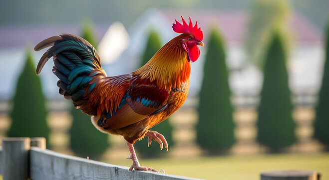 Vibrant rooster with red comb perched on wooden fence in rural setting chicken bird fowl poultry