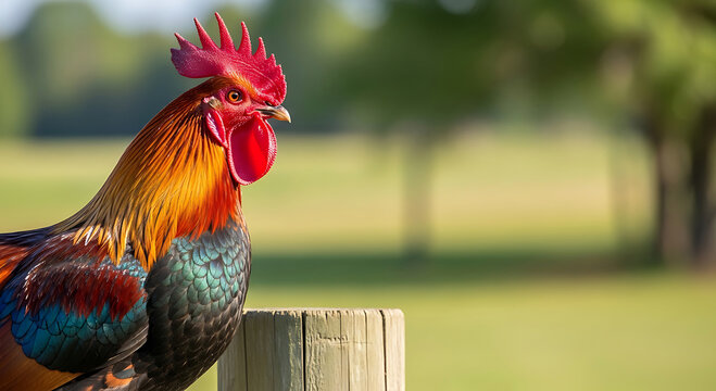 Vibrant rooster with red comb and wattle perched on wooden fence post fowl bird poultry animal