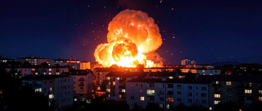 Explosion in the sky over a city, shockwave and smoke