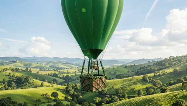 Aerial view of a green hot air balloon soaring above a lush green valley
