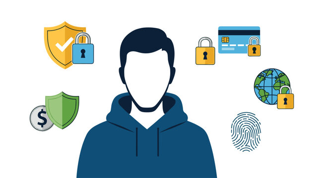 A digital persona in a dark hoodie stands surrounded by icons of security, financial protection, biometric identification, and global network connectivity on a clean background.