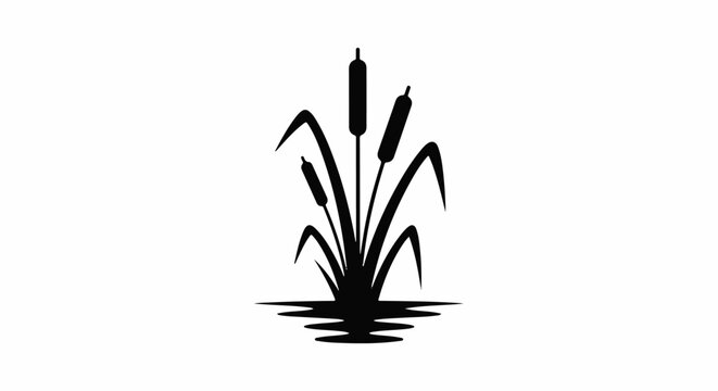 Black silhouette of cattails emerging from water with reflection