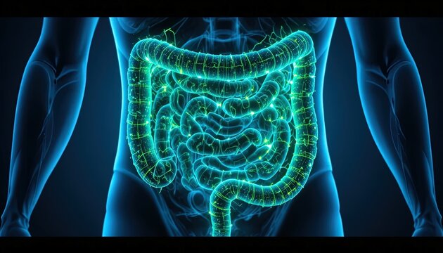 3d medical illustration of glowing human digestive system in dark background