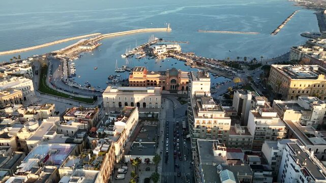 Panoramic Aerial Drone View of Bari Waterfront and Marina on the Adriatic Sea, Puglia, Italy in Summer Sunlight