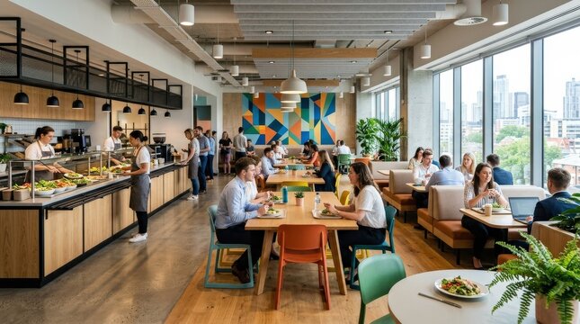 Modern office cafeteria with vibrant design, colorful corporate interior, stylish seating and contemporary architecture, workplace lifestyle concept, clean composition, realistic materials, polished