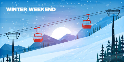A winter alpine landscape with red gondola cable cars moving over snowy slopes, pine forests, and mountains under a clear blue sky, creating a calm and inviting holiday atmosphere © Light Slice
