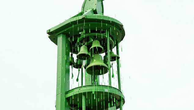 A historic clock tower with ornate bells hanging from its sides, perfect for use in architecture, history, or travel images