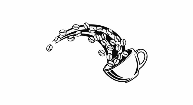 Black and white illustration of coffee beans spilling from a cup