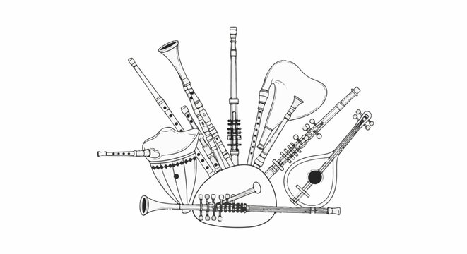 Arrangement of various wind and stringed folk instruments