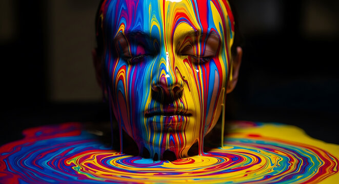 Woman's face covered in flowing paint creating a psychedelic effect abstract art and imaginative design concept