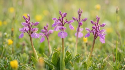 Fototapeta premium Orchis champagneuxii in natural spring light, delicate spring botanical close up, ideal for stock campaigns, ideal for editorial use, clean commercial composition, premium commercial appeal, botanical