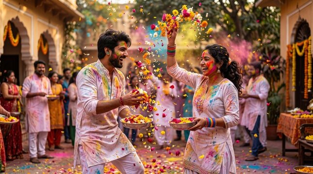 Two people throwing flower petals for the Holi festival, joyful cultural celebration, colorful motion and festive energy, outdoor atmosphere, realistic detail, polished editorial stock appeal, soft