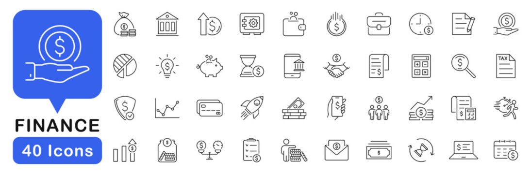 Finance icons in line style set. Editable web icons money, bank, payment, profit, investment, business etc. Vector illustration.