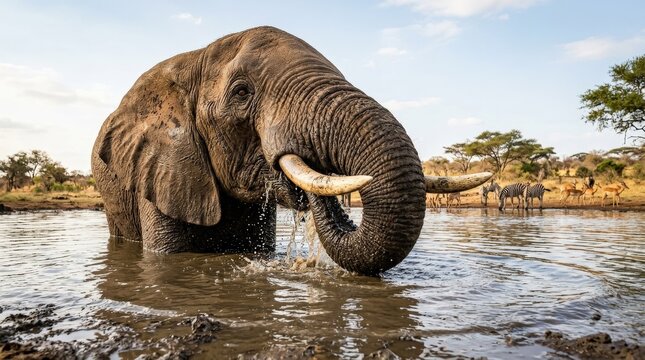 Low angle POV of African elephant slurping water from waterhole detailed wildlife and nature concept with authentic habitat and biodiversity, natural light, crisp focus, photorealistic, high detail,