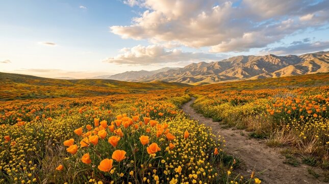 Brilliant orange California poppies blooming in dense meadow of tiny goldfields during superbloom scenic travel and nature concept with atmospheric depth and destination appeal, natural light, crisp