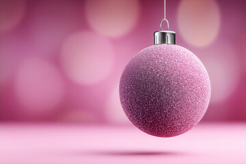Fototapeta premium Glittery pink Christmas ornament hanging against a soft magenta bokeh background with copy space.