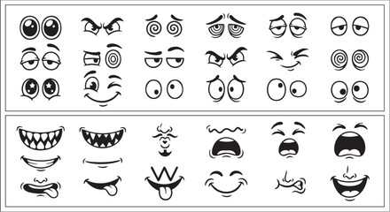 Cartoon Eyes and Mouths Vector Illustration — Black and White Set of Expressive Facial Features for Character Design and Emotion Art © Muhammad