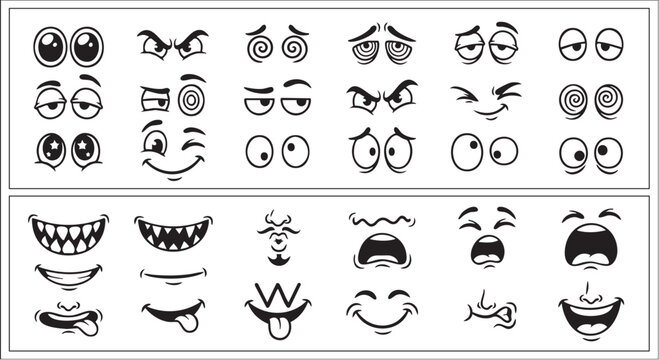 Cartoon Eyes and Mouths Vector Illustration &mdash; Black and White Set of Expressive Facial Features for Character Design and Emotion Art