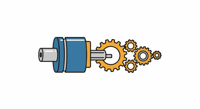 Blue cylinder connected to a series of interlinking orange gears