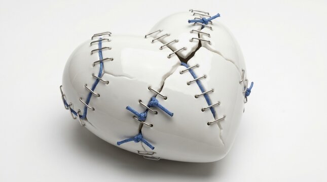 Broken white porcelain heart sculpture held together with surgical staples and blue medical sutures isolated on a white background symbolizing heart healing
