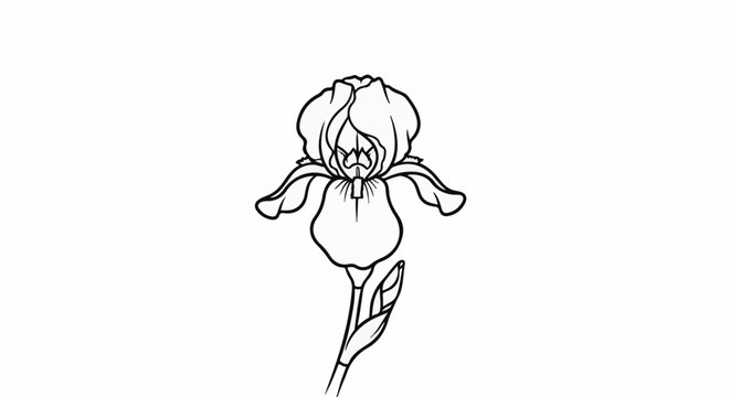 Black and white outline drawing of an iris flower with one bud