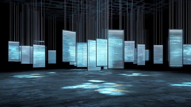 Abstract technological installation with glowing blue rectangular panels suspended in a dark space with light projections on the floor