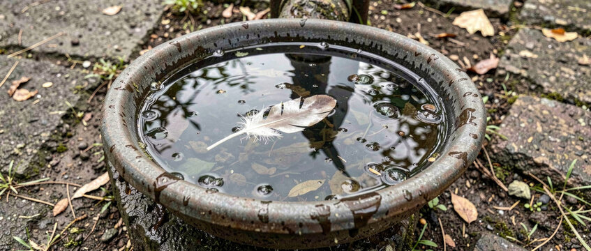 A simple bird bath filled with water and a single leaf