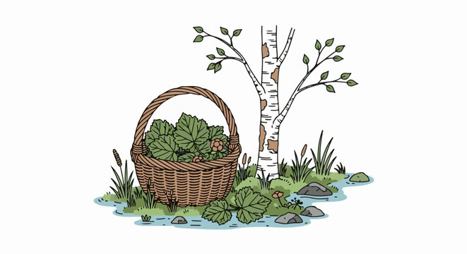 Basket full of berries and leaves by a birch tree next to water